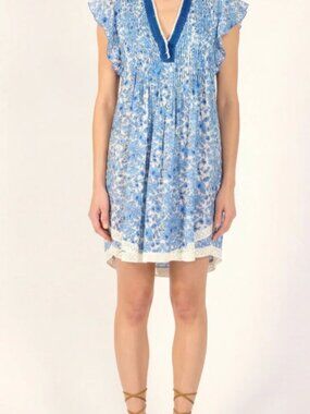 Poupette St Barth Sasha Mini Dress - Blue & White Floral Boho V-Neck - Size M